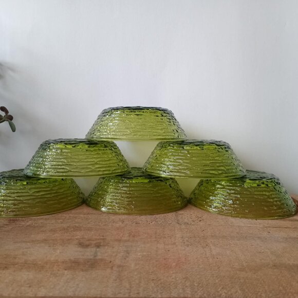 (Set - 6) Vintage Mid-Century Avocado Green Glass Bowls "Soreno" Anchor Hocking - Picture 5 of 9